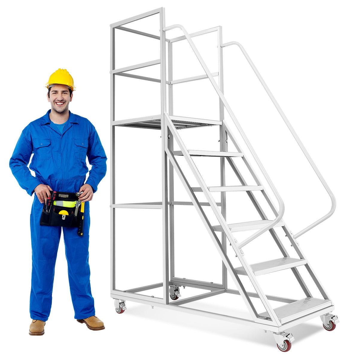 UTHCLO 6 Step Rolling Ladder with Handrails & Guardrails 1213 LBS Capacity Mobile Warehouse Stairs Ladder for High Shelves Warehouses Librarie 4.27ft