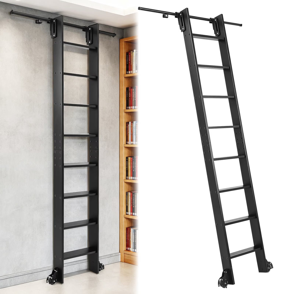 UTHCLO 96" Rolling Library Ladder Kit - 4FT Wall Track System with Brake Wheels 450lb Heavy Duty Black Sliding Ladder for Warehouse Loft Bookcase & Office Storage